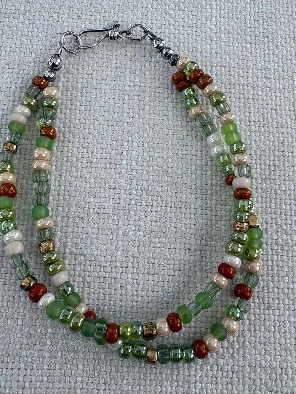 Lovely Multi Color Seed Bead Bracelet, Sterling Silver Beads & Fish Hook Clasp